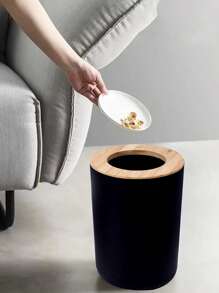 Black Trash Can With Bamboo Lid - Black - View 2