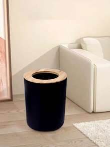 Black Trash Can With Bamboo Lid - Black - View 3