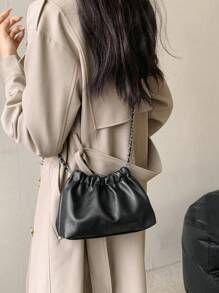 件女式黑色 PU 包，搭配金色鏈條和磁性按扣，適合日常使用女士斜背包 PU 皮革褶皺手提包防水時尚單肩包旅行女士日常手提包 - 黑色 - 查看 3