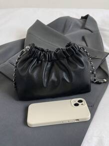 件女式黑色 PU 包，搭配金色鏈條和磁性按扣，適合日常使用女士斜背包 PU 皮革褶皺手提包防水時尚單肩包旅行女士日常手提包 - 黑色 - 查看 4