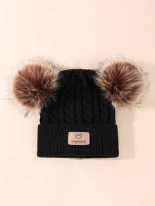 1 件嬰幼兒雙絨球標誌貼片扭紋針織帽 - 黑色 - 查看 4