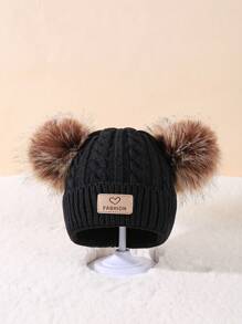 1 件嬰幼兒雙絨球標誌貼片扭紋針織帽 - 黑色 - 查看 1