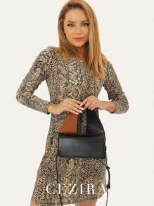 CEZIRA 時尚雙色扭轉手柄方形蓋子手提袋,小號pu素面人造皮革可調長帶斜背手提包,優雅百搭全季適用女性手袋 - 黑色 - 查看 2