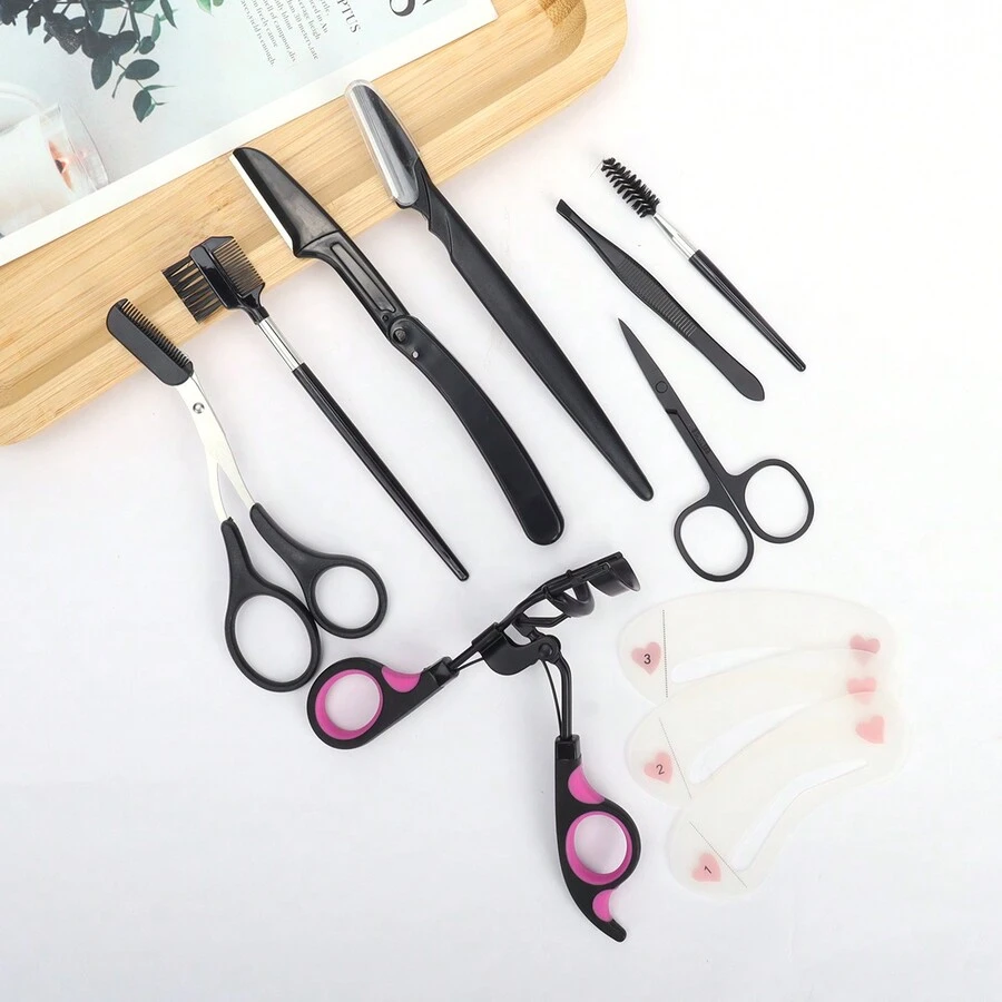 10pcs Eyebrow Grooming Tool Set, Includes Eyebrow Scissors, Tweezers, Eyebrow Razor, And Eyelash Brush, Multipurpose Beauty Makeup Kit Suitable For Travel And Home Use
