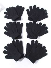 6對兒童純色針織暖手套,可指尖式設計,適用於幼稚園和小學生 - 黑色 - 查看 5