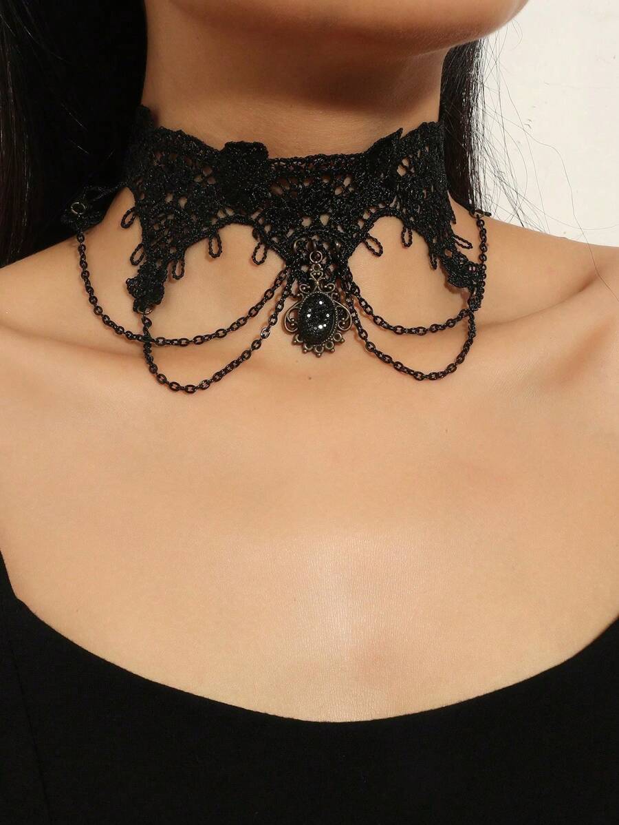 1pc Cross-border Lace Necklace - Black - View 1