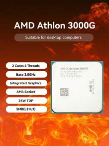 AMD Athlon 3000G 3.5GHz 基本时钟 2 核 4 线程台式机处理器 CPU，AM4 插槽，集成显卡，适用于办公和娱乐 PC，无散热器风扇， - 銀色 - 查看 1