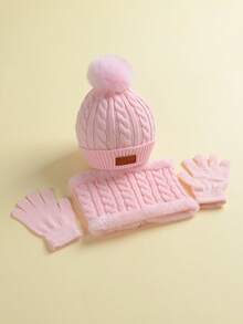 1套無性別帽子圍巾手套套裝,帶單球球,扭曲紋織造,適用於2-5歲兒童日常穿著和冬季保暖 - 淺粉色 - 查看 2