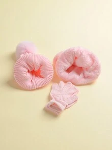 1套無性別帽子圍巾手套套裝,帶單球球,扭曲紋織造,適用於2-5歲兒童日常穿著和冬季保暖 - 淺粉色 - 查看 5