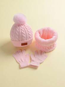 1套無性別帽子圍巾手套套裝,帶單球球,扭曲紋織造,適用於2-5歲兒童日常穿著和冬季保暖 - 淺粉色 - 查看 1