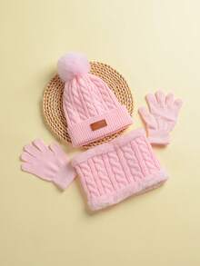1套無性別帽子圍巾手套套裝,帶單球球,扭曲紋織造,適用於2-5歲兒童日常穿著和冬季保暖 - 淺粉色 - 查看 3
