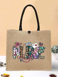 1 個護士字母圖案大容量女士手提袋圖案印花手提袋套裝,派對禮品手提包,可重複使用購物袋 - 卡其色 - 查看 2