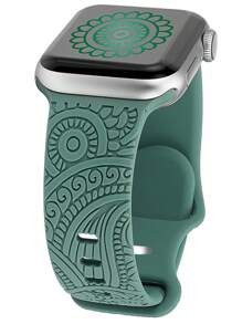 Engraved Band Compatible With Apple Watch Band 38mm 40mm 41mm 42mm 44mm 45mm 49mm For Women Men, Western Lace Silicone Fancy Sport Flower Straps Compatible With Series 9/8/7/6/5/4/3/2/1/SE/UItra As A Gift For Students Returning To School - Pine Green - View 11