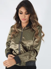 Chamarra bomber satín, cuello brilloso. - Verde militar - Ver 1