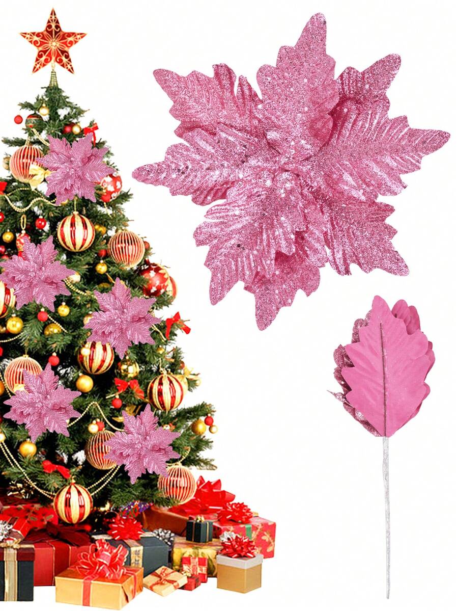 4 件粉色圣诞花枝，用于圣诞树装饰 - 粉色 - 查看 1