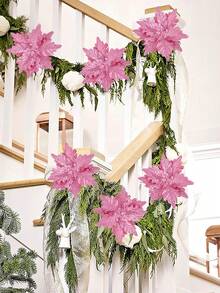 4 件粉色圣诞花枝，用于圣诞树装饰 - 粉色 - 查看 5