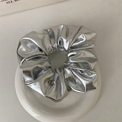 1pc Silver Glossy DIY Scrunchie For Y2K Aesthetic Women, Suitable For Daily Wear,Woman Head Accessories, Woman Hair Accessories Hair Ties Ponytail Holders Hair Elastics Hair Rubber Bands Scrunchies Hair Rope Elastic Hair Tie, Hair Bobbles