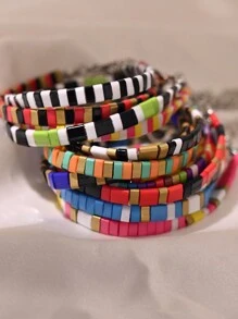 女士彩色手链串珠缠绕珠波西米亚风冲浪珠宝 - 黑與白 - 查看 2