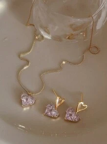 3入組y2k風格心形鑽石吊墜項鍊和耳環珠寶套裝,適用於派對、約會、禮物、日常佩戴