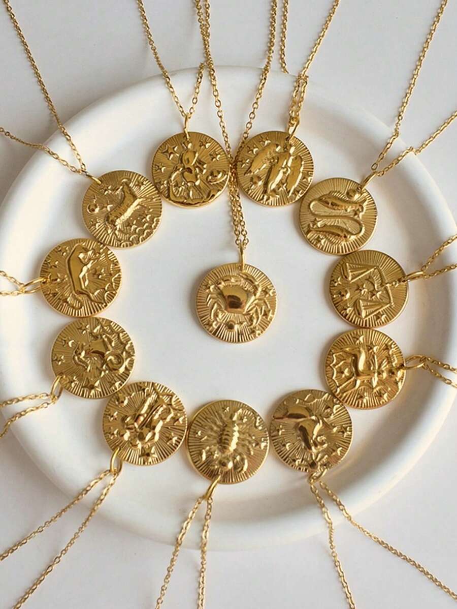 1入不鏽鋼金色黃道十二宮星座吊墜項鍊,適合女性