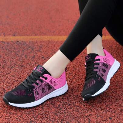 Women Casual Striped Knit Fabric Sneakers Ladies Lightweight Breathable Low-Top Sports Walking Flat Shoes