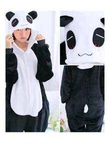 Panda Romper For Child Premium Quality Buttons Fleece Fabric Cosplay - 黑與白 - 查看 1