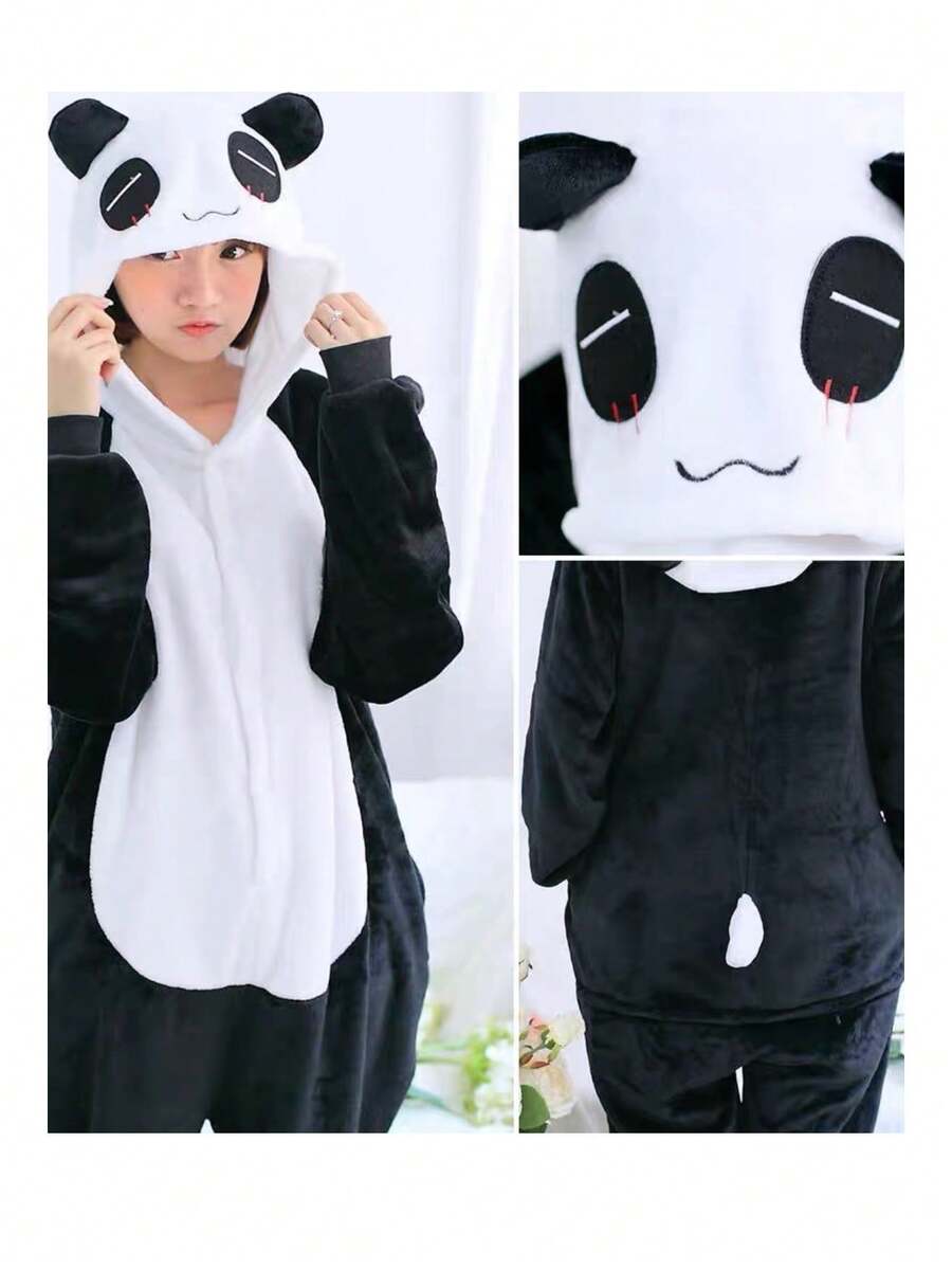 Panda Romper For Child Premium Quality Buttons Fleece Fabric Cosplay - 黑與白 - 查看 1
