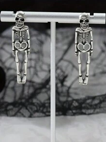 1pair Unique Detachable Realistic Human Skull Skeleton Earrings For Women, Perfect For Halloween Parties - Silver - View 2