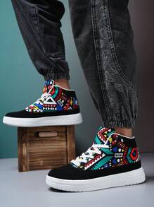 Men's Cool & Casual Sneakers With Thick Soles, Round Toe, Lace-Up And High Top Design, Wear-Resistant - Multicolor - View 1