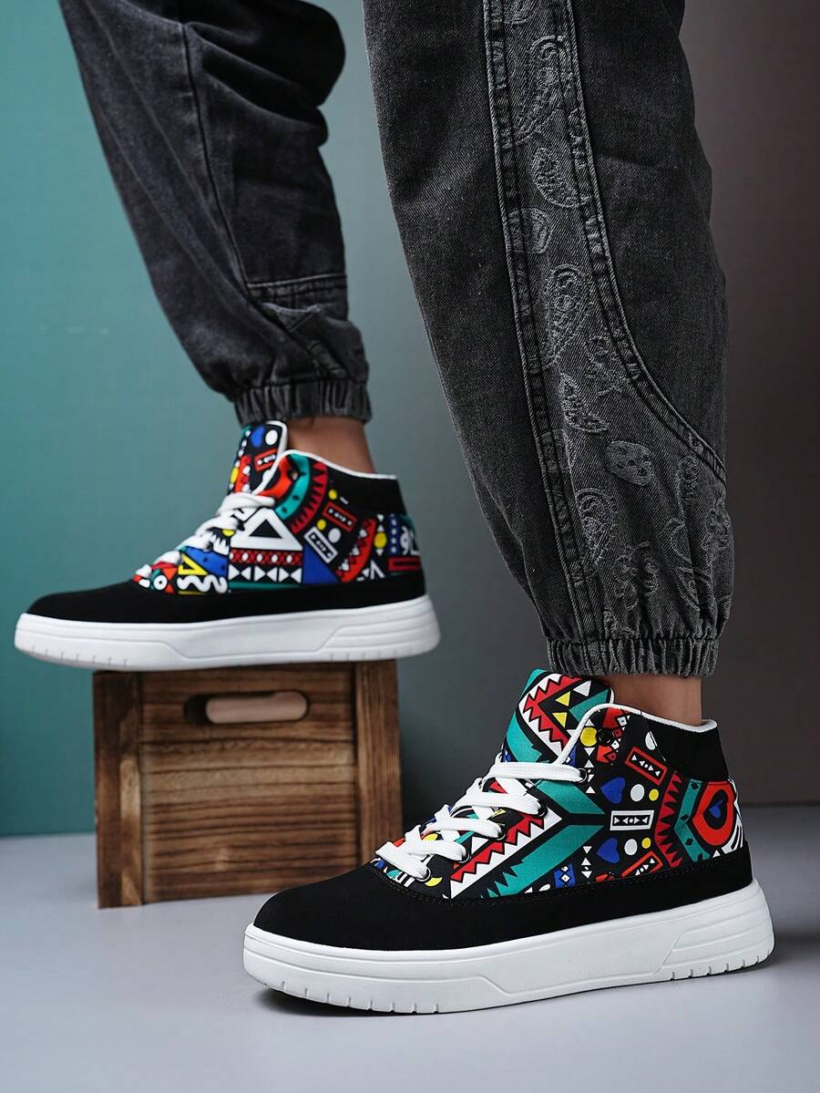 Men's Cool & Casual Sneakers With Thick Soles, Round Toe, Lace-Up And High Top Design, Wear-Resistant - Multicolor - View 1