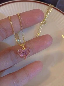 3 件 Y2k 时尚粉色心形和水钻吊坠项链和耳环首饰套装，适合派对、约会、礼物和休闲情人节 - 金黃色 - 查看 2