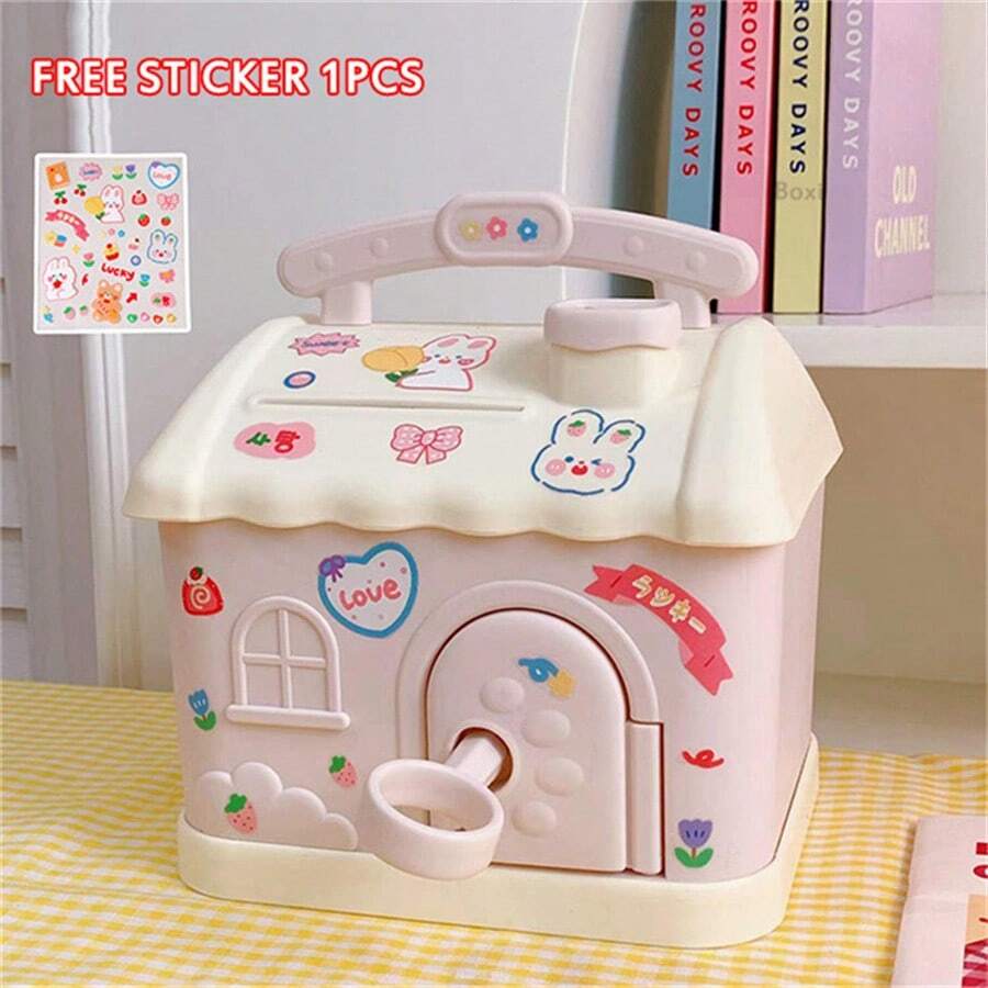 1pc Creative House-shaped Coin Bank, Only Money In Not Out, Cartoon Design, Student-friendly, Durable And Lockable - pink sticker - View 1
