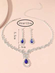 三件套新娘首饰套装：爪链、水滴吊坠、蓝色水晶耳环，适合女性参加派对佩戴 - 銀色 - 查看 2