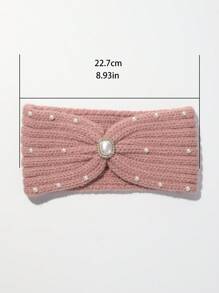 1pc Solid Color, Simple Style, Thickened Winter Headband Hair Accessory With Faux Pearl & Rhinestone Decor, Suitable For Keeping Warm And Daily Wear In Autumn And Winter - Pink - View 5