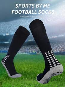 1雙男士專業長款足球襪,厚實防滑毛巾底部表現過膝運動襪 - 黑色 - 查看 1