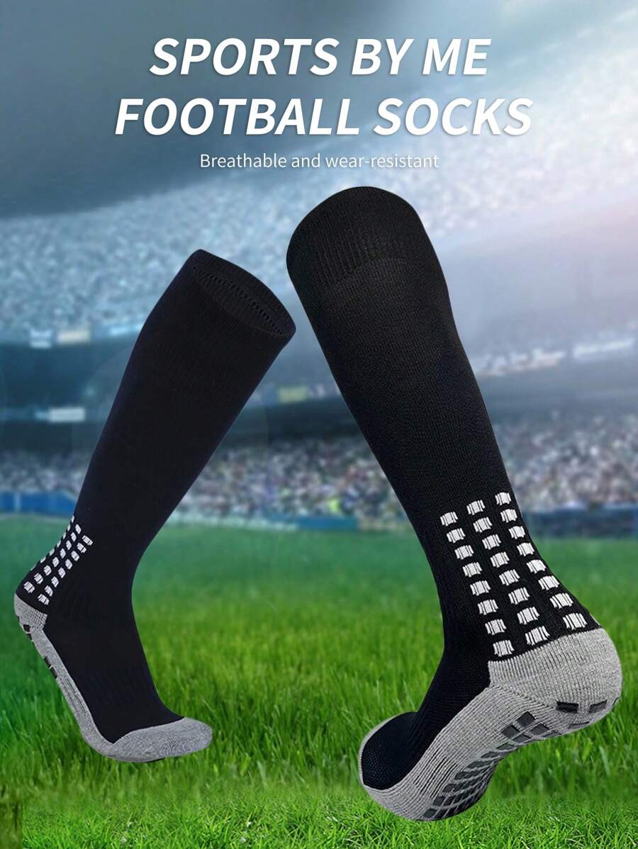 1雙男士專業長款足球襪,厚實防滑毛巾底部表現過膝運動襪 - 黑色 - 查看 1
