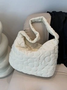 1 件白色绣花线尼龙大容量拉链时尚单肩包，适合女性日常使用