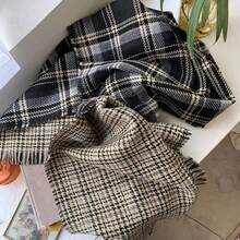 1pc Men's Black Double-sided Plaid Square Winter Scarf, Warm And Fashionable For Daily Use - Black - View 3