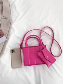 字母印花2入組迷你時尚手提方形包，新款實色格紋拼接休閒女士包，多功能肩背包 - 玫紅色 - 查看 3