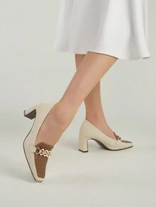 Zapatos De Tacón De Bloque De Color Retro De Alta Gama Para Mujer - Marrón - Ver 6