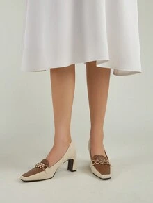 Zapatos De Tacón De Bloque De Color Retro De Alta Gama Para Mujer - Marrón - Ver 3