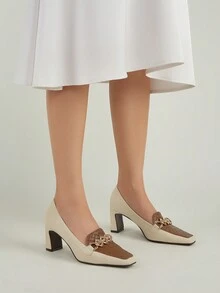 Zapatos De Tacón De Bloque De Color Retro De Alta Gama Para Mujer - Marrón - Ver 5