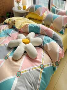 Color Block Rhombus Plaid Pattern Double Needle Quilt Cover - Multicolor - View 4