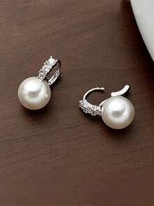 1對簡約韓風S925純銀貝母耳扣耳環，適用於女性通勤佩戴 - 銀色 - 查看 2