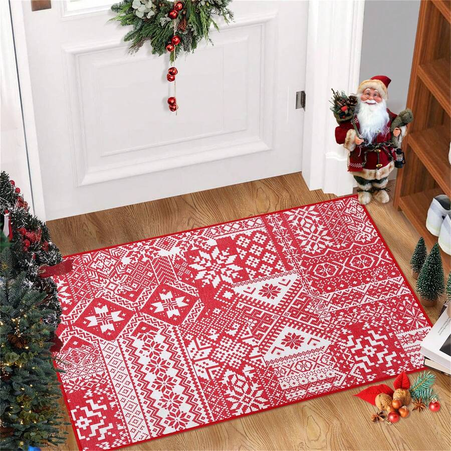 Christmas Rugs for Living Room Christmas Room Decor Red Rug Washable Rugs Non Slip Carpet Bohemian Rug Floor Mat Low Pile Rugs for Bedroom Nursery Classroom Rugs - Red - View 1