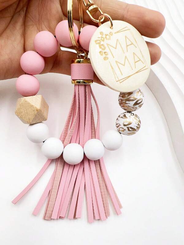 1pc Printed Wood Bead Bracelet/Wristlet, Creative MAMA Beaded Tassel Keychain, Bag Charm, Keyring Gift For Friends And Family Car Accessories Cute Goth Y2k Bag Lanyards With Id Holder Car Accessories Bag Charms Christmas Car Accessories Teacher Sister Gift Ideas