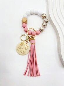 1 pièce Bracelet/Poignet en perles de bois imprimées, porte-clés à pompons en perles créatif "MAMA", charm de sac, cadeau porte-clés pour amis et famille