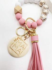 1 pièce Bracelet/Poignet en perles de bois imprimées, porte-clés à pompons en perles créatif "MAMA", charm de sac, cadeau porte-clés pour amis et famille