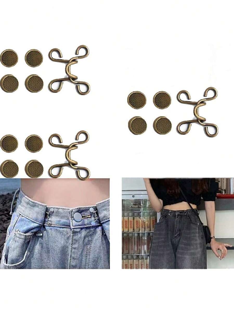 3 件套裤子腰部收紧器，可调节腰带扣套装，额外的纽扣使牛仔裤更紧，裤子纽扣调节器，牛仔裤，袖子（古铜色） - 銅色 - 查看 1