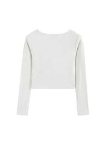 女款長袖合身 T 卹,方領羅紋腰帶,墊胸,適合疊穿